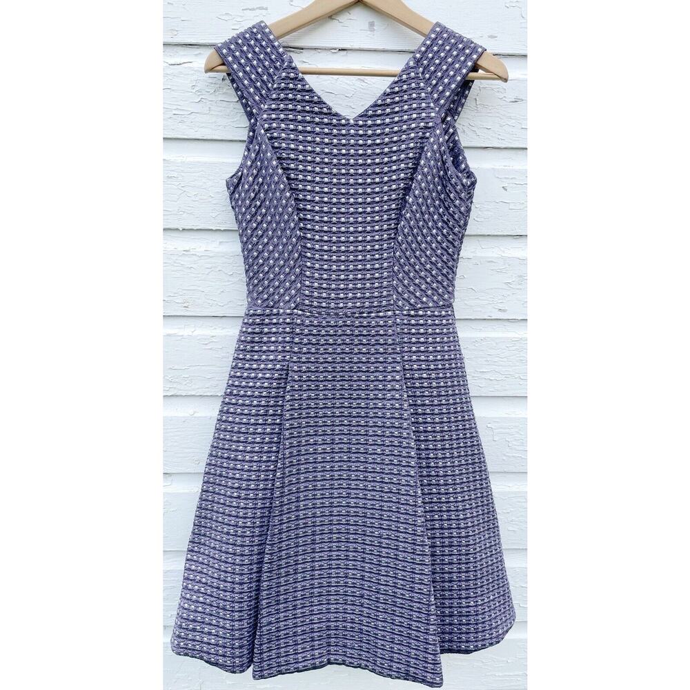 Yoana Baraschi Dress Purple Waffle Knit Sz 4 Metallic Pleated Midi Knee Length